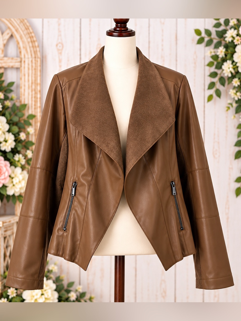 Dressbarn CB Established 1962 Brown Faux Leather Draped Jacket M